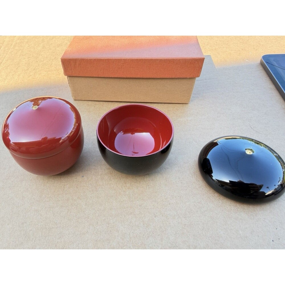 Set of 2 Red & Black Glossy Ceramic Lidded Bowls - Solid Round Bowl Set
